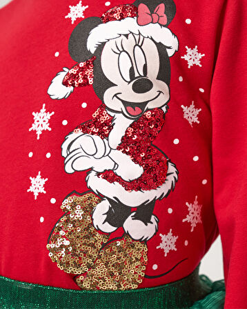 Kız Çocuk Minnie Mouse Noel Konseptli Katlı Tüllü Etekli Yılbaşı Temalı İkili Takım