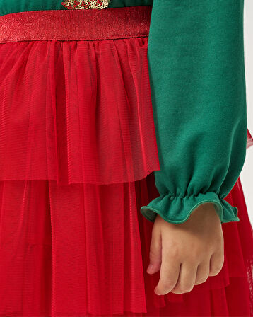 Kız Çocuk Minnie Mouse Noel Konseptli Katlı Tüllü Etekli Yılbaşı Temalı İkili Takım