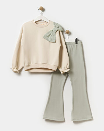 Kız Çocuk Önü Fiyonklu İspanyol Paça Taytlı İkili Takım