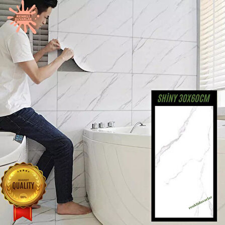 BS1751 Naturel Shiny Yapışkanlı Beyaz Mermer Desen 1 Adet 30x60cm Banyo Mutfak Duvar Döşeme Paneli