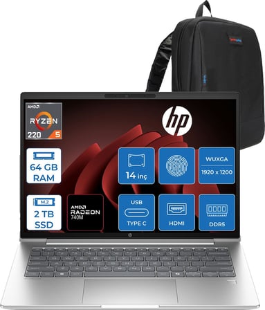 Hp Probook 4 G1AH 14 Amd Ryzen 5 220 4.9ghz 64GB Ddr5 2tb SSD Freedos Amd Radeon 740M 14" Wuxga (1920 x 1200) IPS 300NITS Taşınabilir Bilgisayar CV0E6ATF29 + Zetta Çanta