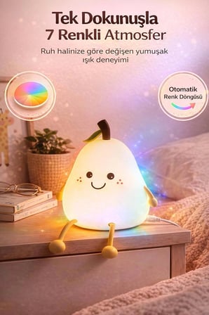 Sevimli Armut Tasarımlı Şarjlı Gece Lambası - 7 Renkli RGB Dokunmatik Silikon Çocuk Odası Lambası