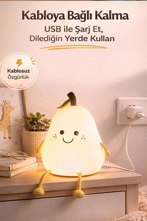 Sevimli Armut Tasarımlı Şarjlı Gece Lambası - 7 Renkli RGB Dokunmatik Silikon Çocuk Odası Lambası