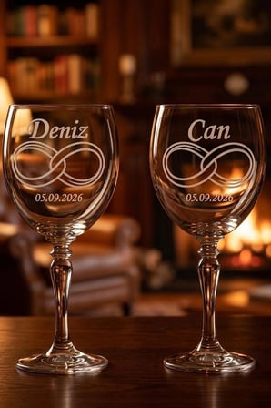 Kişiye Özel Lazer İşlemeli İsim ve Tarih Detaylı Soğuk kesme Çift Kadehi (2'li Set) Paşabahçe