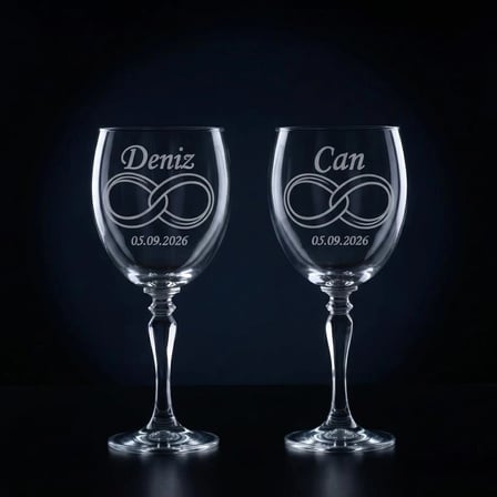 Kişiye Özel Lazer İşlemeli İsim ve Tarih Detaylı Soğuk kesme Çift Kadehi (2'li Set) Paşabahçe