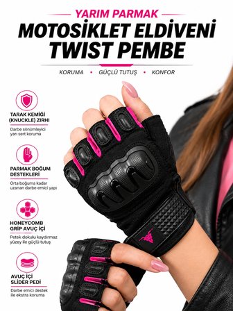 Twist Pembe / Yarım Parmak - Kaymaz Avuç İçi Kadın Motosiklet Eldiveni