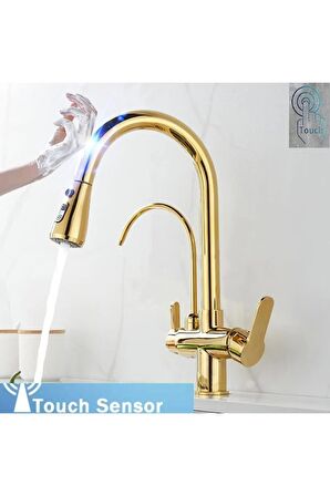 Mutfak Evye Bataryası Smart Dual Flow Su Arıtma Çıkışlı Gold Dokunmatik Spiralli 7 Yıl Garanti