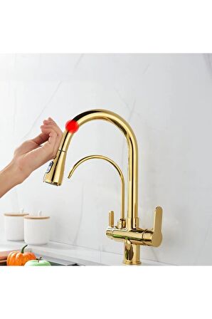 Mutfak Evye Bataryası Smart Dual Flow Su Arıtma Çıkışlı Gold Dokunmatik Spiralli 7 Yıl Garanti