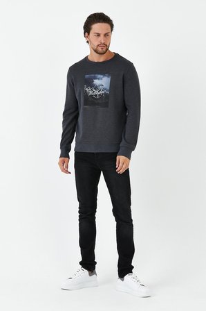 Erkek Kışlık Baskılı Bisiklet Yaka Lacivert Sweatshirt