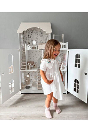 Kız Çocuk Mavi Çiçek Desenli Yaka Dantel Detaylı Uzun Kollu Bayramlık Elbise