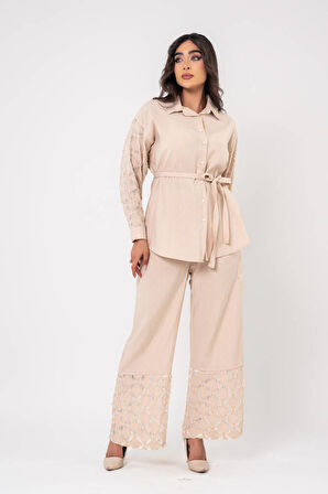 Yıpratma Detaylı Oversize  Gömlek Pantolon Takım TKM16052