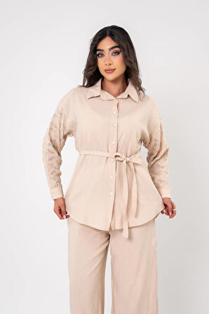 Yıpratma Detaylı Oversize  Gömlek Pantolon Takım TKM16052
