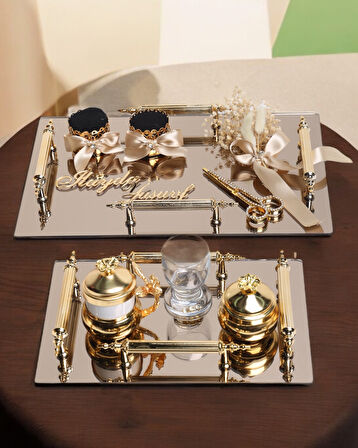 Gold Ayna 4 Kulplu Dikdörtgen Söz Nişan Tepsisi ve Damat Kahve Fincan Tepsisi