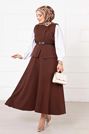 düğme detaylı kemerli yelek etek takım