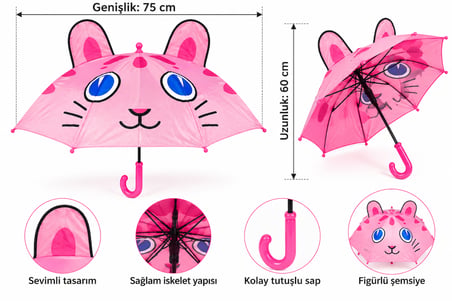Çocuk Şemsiyesi – Renkli ve Eğlenceli Desenli Tam Otomatik Şemsiye pembe