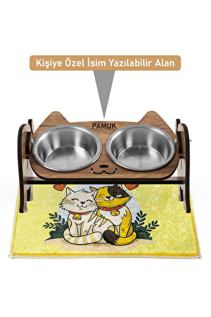 Ahşap Özel Isim Baskılı, Kedi Mama Seramik Su Kabı Standı Hediye Kedi Halısı