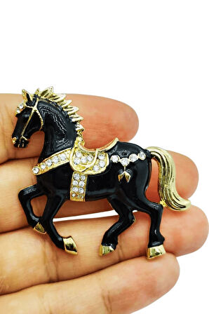 Siyah At Broş - Kristal Taşlı Zarif Horse Brooch | Şık At Figürlü Kadın Aksesuar