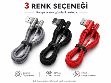 90° L Tipi USB to Type-C Şarj Kablosu Dayanıklı Naylon Örgülü Kablo 1 Metre