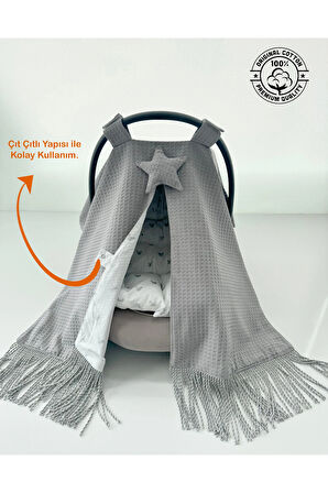 Saçaklı Gri Puset Örtüsü ve Puset Minderi Lüx Set