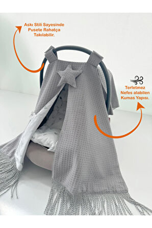 Saçaklı Gri Puset Örtüsü ve Puset Minderi Lüx Set