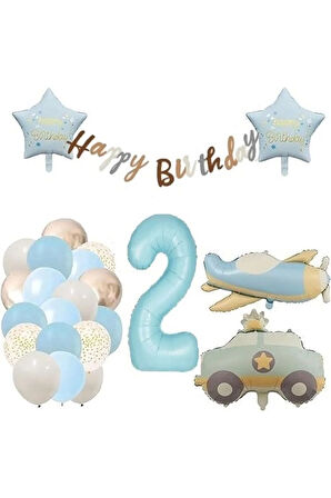 UÇAK POLİS ARABASI MAVİ YAŞ BALON RETRO DOĞUM GÜNÜ SET