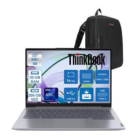 Lenovo Thinkbook 14 G7 Iml Intel Ultra 7 155H 32GB Ddr5 256GB SSD Intel® Aı Boost 14" Wuxga 300NITS IPS Freedos Taşınabilir Bilgisayar 21MR0050TRF11 + Zetta Çanta
