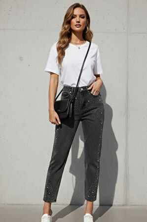 Kadın Yüksek Bel Taşlı-Taş Detaylı Antrasit Mom Jean Pantolon – Şık Denim Kadın Pantolon