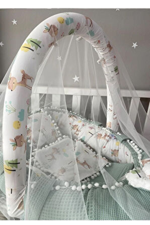 Babynest Wafle Yeşil Pike Poplin Ponponlu Nest Ve Yorgan Oyuncak Aparat Ve Tül Set
