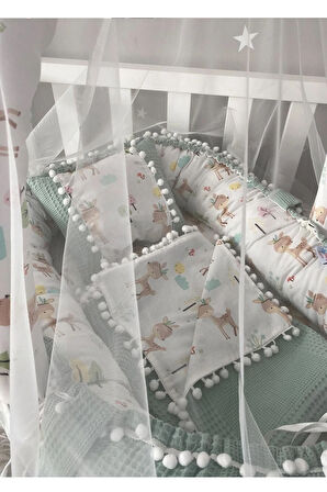 Babynest Wafle Yeşil Pike Poplin Ponponlu Nest Ve Yorgan Oyuncak Aparat Ve Tül Set