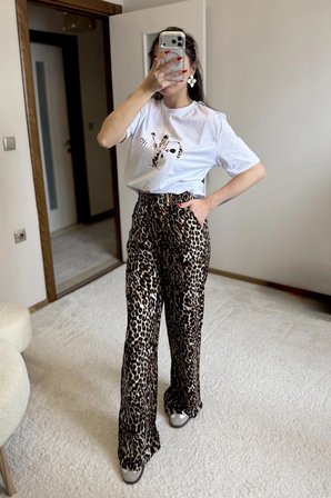 Leopar Desen Beli Lastikli Pantolon