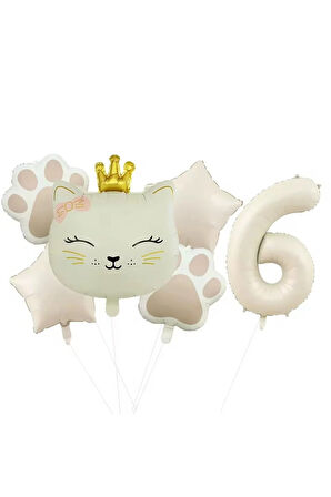 KREM RENK PATİ FOLYO BALON TAÇLI KEDİ YAŞ BALON SET