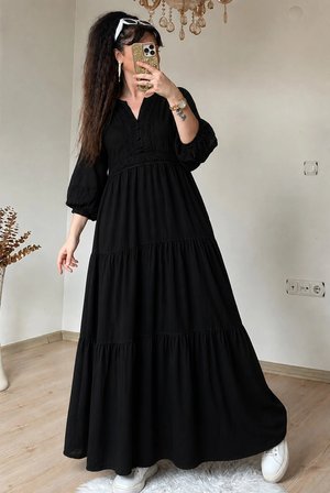 Azra Butik Günlük Elbise Siyah Viskon Maxi Dantel Detaylı Büyük Beden Uzun Kol