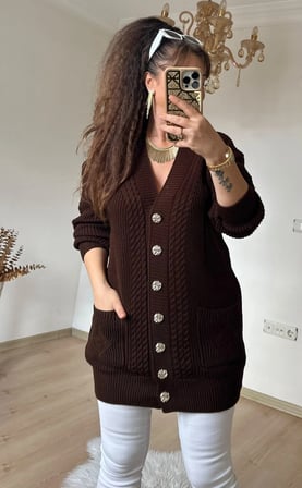 Kısa Gold Düğmeli Trıko Hırka Kahve