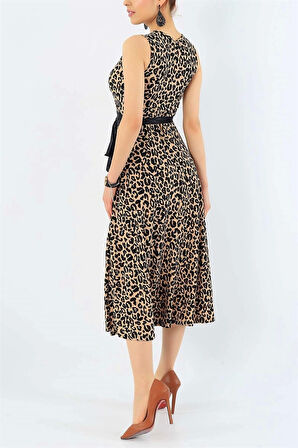 Sıfır Kol Leopar Krep Elbise