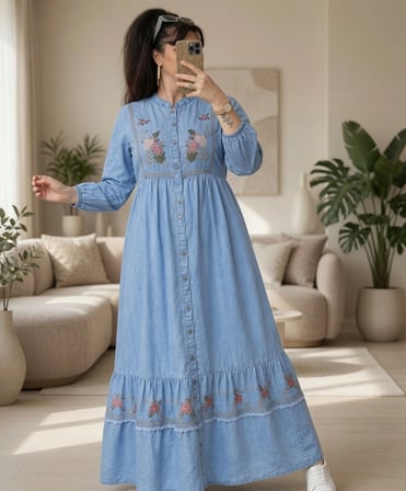 Azra Butik Günlük Elbise Açık Mavi Nakışlı Uzun Kol Maxi Denim