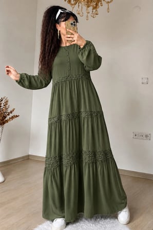 Manolya Desen Dantel Detaylı Elbise Haki