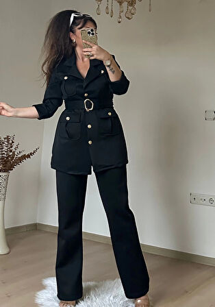 Kemerli Gold Dügmelı Takım Siyah