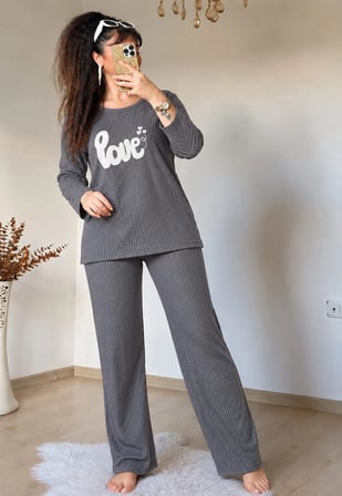 Love Yazılı Pijama Takımı Füme