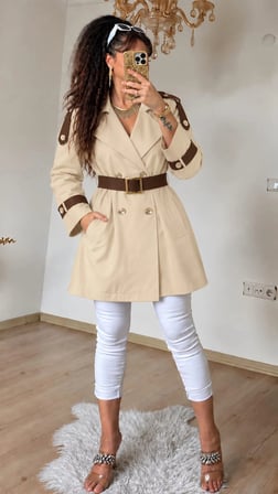 Beyaz Gold Kemerli Krem Trench