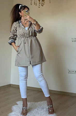 Kısa Kare Desen Trençkot Bej