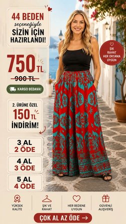 Etnik Desen Beli Lastikli ve İpli Viskon Pantolon Turkuaz