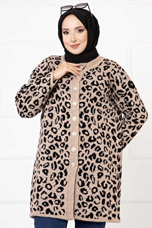 Leopar Desenli Düğmeli Hırka Vizon