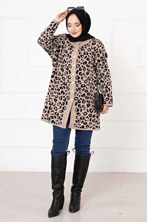 Leopar Desenli Düğmeli Hırka Vizon