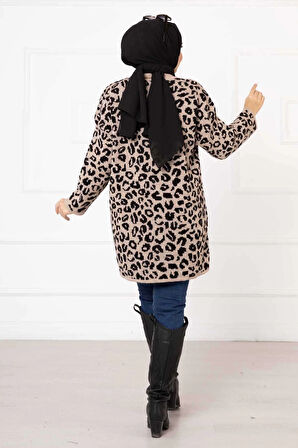 Leopar Desenli Düğmeli Hırka Vizon