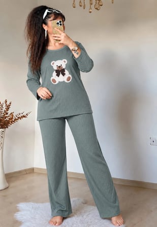 Ayıcık Desen Pijama Takımı Yeşil