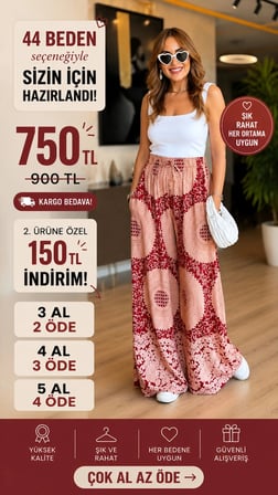 Motif Desen Beli Lastikli ve İpli Viskon Pantolon Kırmızı