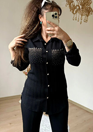 Yaka Taşlı Paça Detaylı Takım Siyah