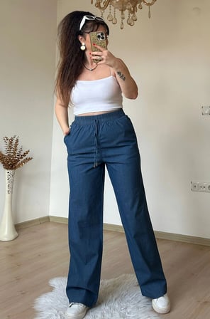 Bel Bağcıklı Lastıklı Kot Pantalon