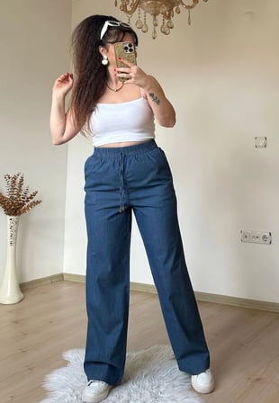 Bel Bağcıklı Lastıklı Kot Pantalon