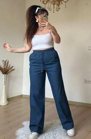Bel Bağcıklı Lastıklı Kot Pantalon